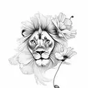 lion with poppies and gladiolus and sun on thigh tattoo design idea