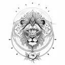 lion with poppies and gladiolus and sun on thigh tattoo design idea