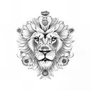 lion with poppies and gladiolus and sun on thigh tattoo design idea