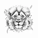 lion with poppies and gladiolus and sun tattoo design idea