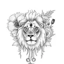 lion with poppies and gladiolus and sun on thigh tattoo design idea