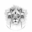 lion with poppies and gladiolus and sun on thigh tattoo design idea