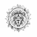 lion with poppies and gladiolus and sun on thigh tattoo design idea