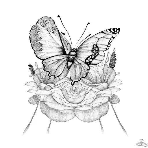 half butterfly half flowers. black and white tattoo design idea