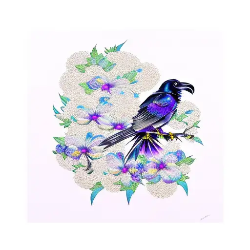 Raven with Purple Orchids and Blue Daisies of different sizes tattoo design idea
