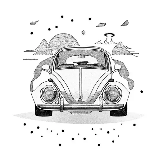 VW vintage beetle car, surfing board, beach, pebbles.   tattoo design idea