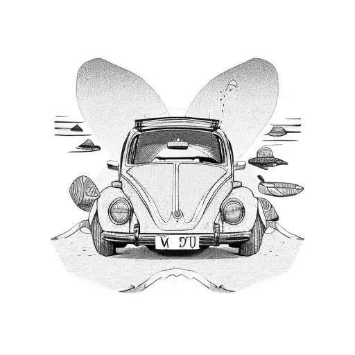 VW vintage beetle car, pebble ridge, beach, sea, surf board, spine tattoo tattoo design idea