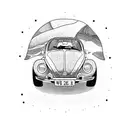VW vintage beetle, surf, beach, pebbles tattoo design idea