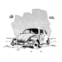 VW vintage beetle, surf, beach, pebbles tattoo design idea