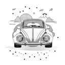 VW vintage beetle car, surfing board, beach, pebbles.   tattoo design idea