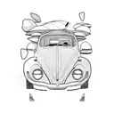 VW vintage beetle car, surfing board, beach, pebbles.   tattoo design idea