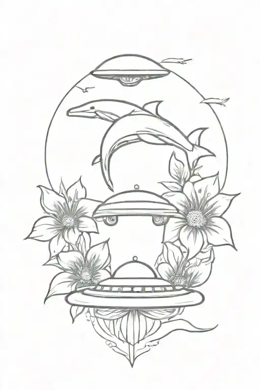 UFO ornamented with hibiscus flower pulling dolphins up tattoo design idea