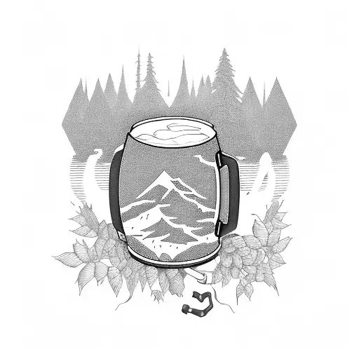 A tattoo design inspired by the client's passion for beer and camping, combining a beer mug and a tent surrounded by hop vines and mountain scenery. tattoo design idea