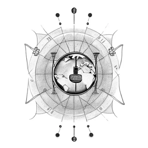 A tattoo design representing the client's love for traveling and radio, featuring a vintage microphone and a world map with radio waves emanating from different countries. tattoo design idea