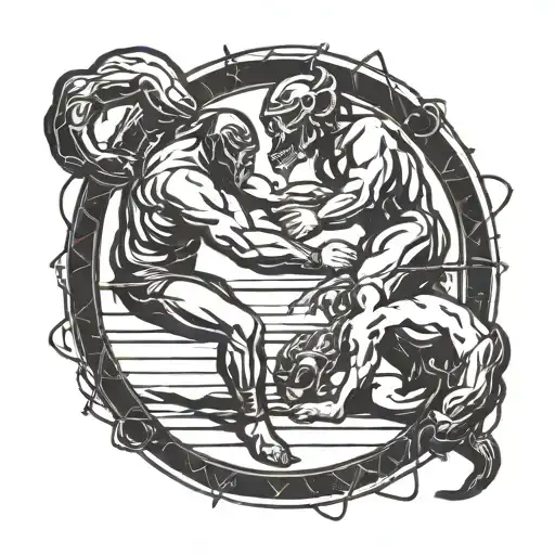 A wrestling ring with a Scorpio and Capricorn wrestling each other tattoo design idea