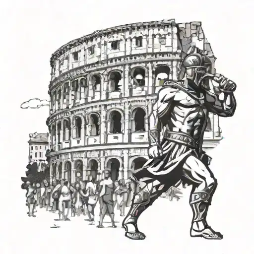 Illustration of a fierce gladiator standing triumphantly in front of the Colosseum, with Greek gods watching from above tattoo design idea