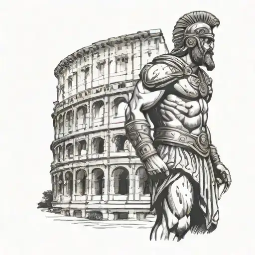 Illustration of a fierce gladiator standing triumphantly in front of the Colosseum, with Greek gods watching from above tattoo design idea
