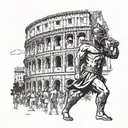 Illustration of a fierce gladiator standing triumphantly in front of the Colosseum, with Greek gods watching from above tattoo design idea
