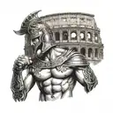 Illustration of a fierce gladiator standing triumphantly in front of the Colosseum, with Greek gods watching from above tattoo design idea