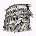Illustration of a fierce gladiator standing triumphantly in front of the Colosseum, with Greek gods watching from above tattoo design idea
