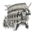 Illustration of a fierce gladiator standing triumphantly in front of the Colosseum, with Greek gods watching from above tattoo design idea