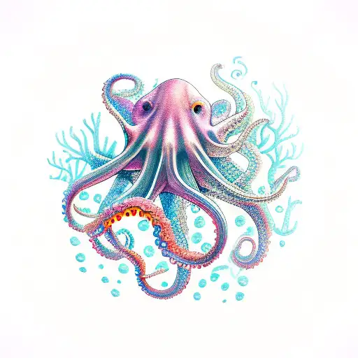 A psychedelic octopus smoking a joint underwater surrounded by colorful coral and marine life tattoo design idea
