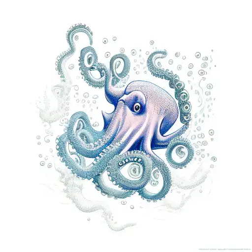 An underwater scene with a cartoon octopus blowing smoke rings from a joint, surrounded by schools of fish tattoo design idea