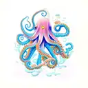 A psychedelic octopus smoking a joint underwater surrounded by colorful coral and marine life tattoo design idea