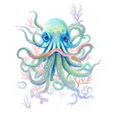 A psychedelic octopus smoking a joint underwater surrounded by colorful coral and marine life tattoo design idea