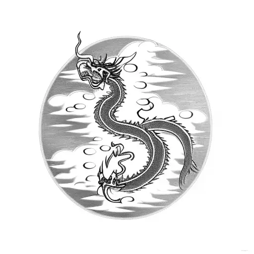 sketch of a tattoo under the breast for a woman with a Chinese dragon and clouds in the style of folklore and engraving tattoo design idea