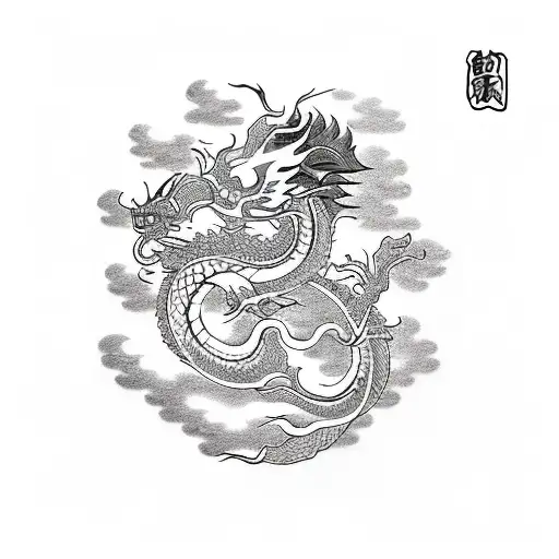 sketch of a tattoo under the breast for a woman with a Chinese dragon and clouds in the style of folklore and engraving tattoo design idea