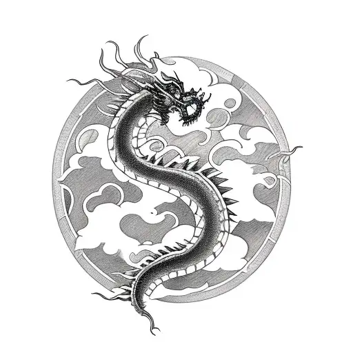 sketch of a tattoo under the breast for a woman with a Chinese dragon and clouds in the style of folklore and engraving tattoo design idea