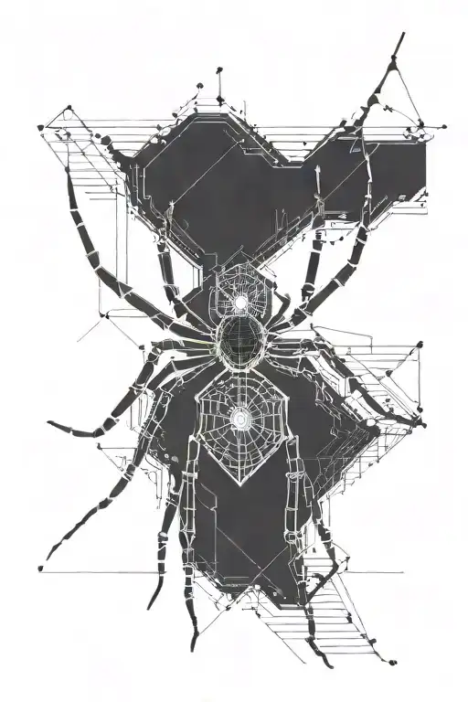 a spider with code lines as web that stretches upwards tattoo design idea