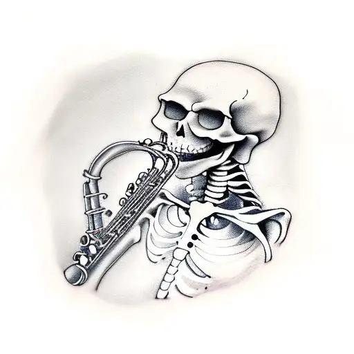 skeleton sitting on a car door playing a saxophone tattoo design idea