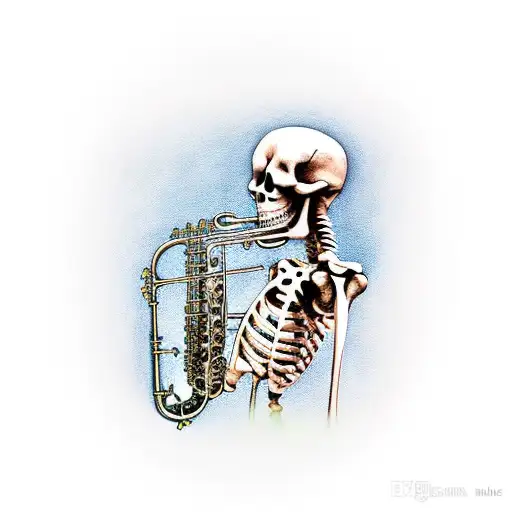 skeleton sitting on a car door playing a saxophone tattoo design idea