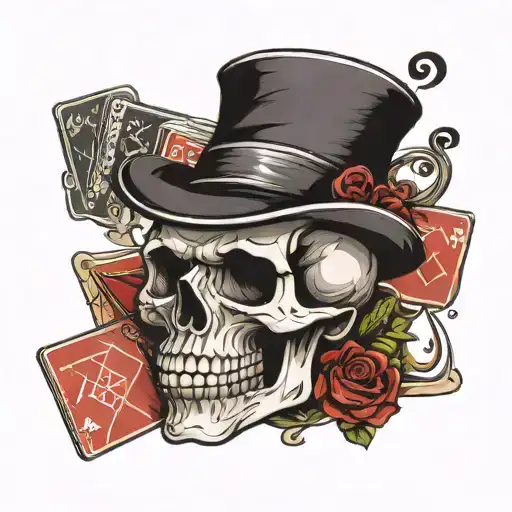 skull with bowler hat with playing cards of two black eights and two aces tattoo design idea