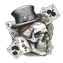 skull with bowler hat with playing cards of two black eights and two aces tattoo design idea