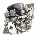 skull with bowler hat with playing cards of two black eights and two aces tattoo design idea