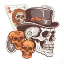 skull with bowler hat with playing cards of two black eights and two aces tattoo design idea