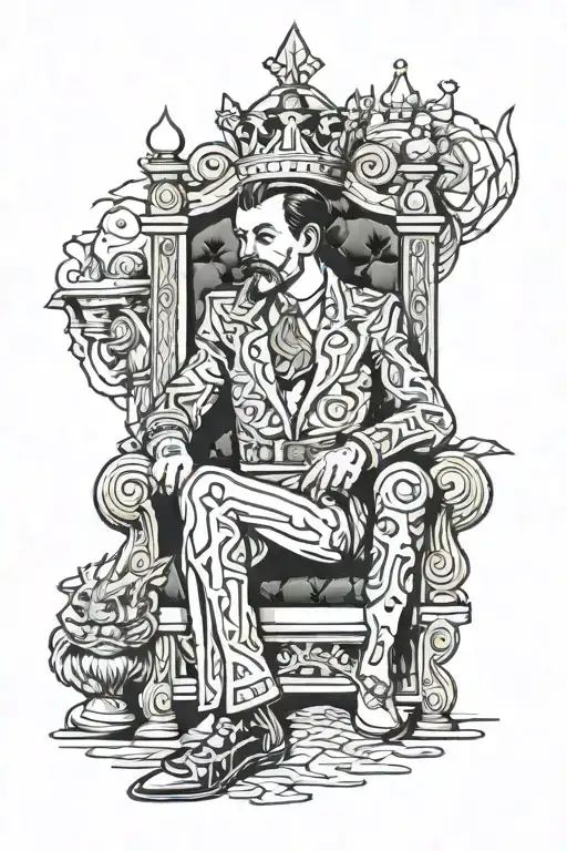 king of diamond with king sitting on a throne in a cabin in the woods tattoo design idea