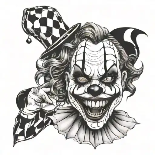 woman dressed as gothic clown with creepy smile and showing teeth tattoo design idea
