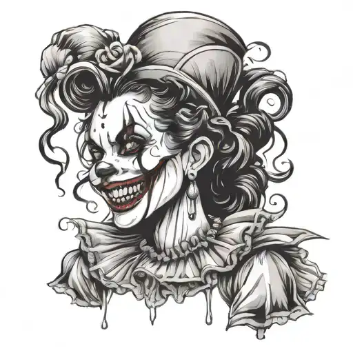 woman dressed as gothic clown with creepy smile and showing teeth tattoo design idea
