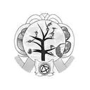 Black line tattoo with a lemon tree at the center and include images around the tree of jewish items and mustaches tattoo design idea