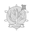 Black line tattoo with a lemon tree at the center and include images around the tree of jewish items and mustaches tattoo design idea