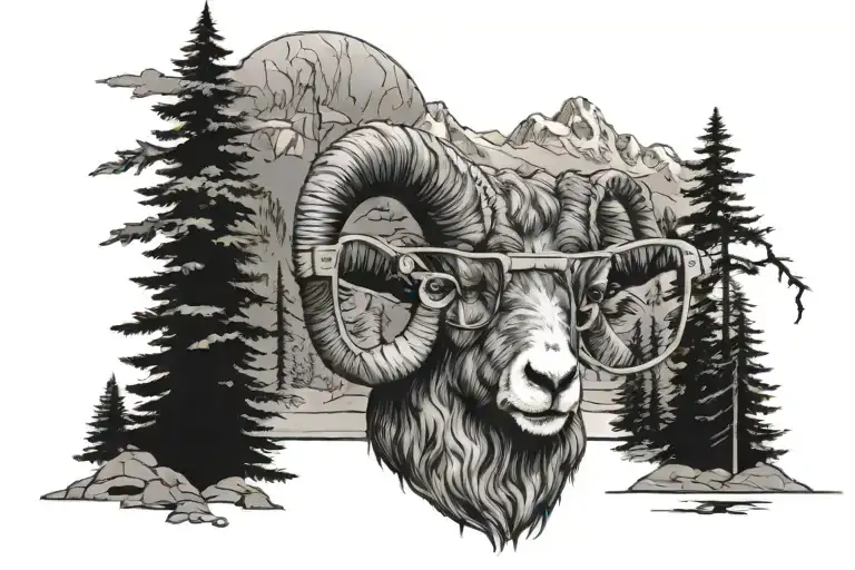 Mountains, trees, ram, and glasses from the early 90s  tattoo design idea
