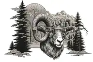 Mountains, trees, ram, and glasses from the early 90s  tattoo design idea