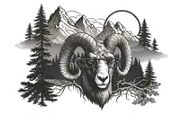 Mountains, trees, ram, and glasses from the early 90s  tattoo design idea