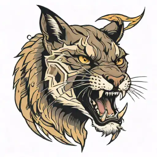 A portrait of a mean warrior puma roaring with lightning tattoo design idea
