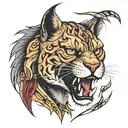 A portrait of a mean warrior puma roaring with lightning tattoo design idea