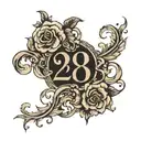 how lucky are we in cursive with the number 28 centered under in bolder times new roman font. black ink tattoo design idea